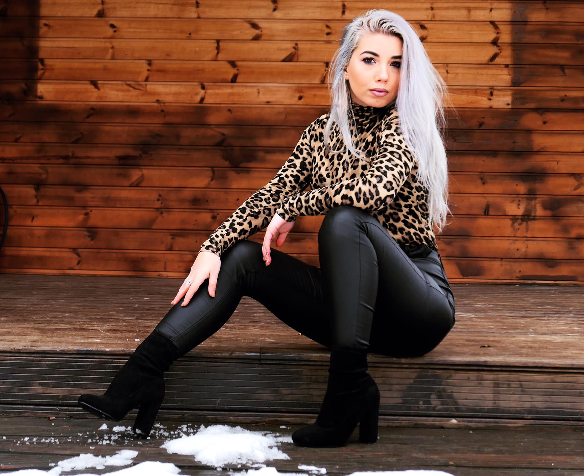 Women BLACK LEATHER PANTS and Leopart print Blouse Women BLACK LEATHER PANTS and Leopart print Blouse